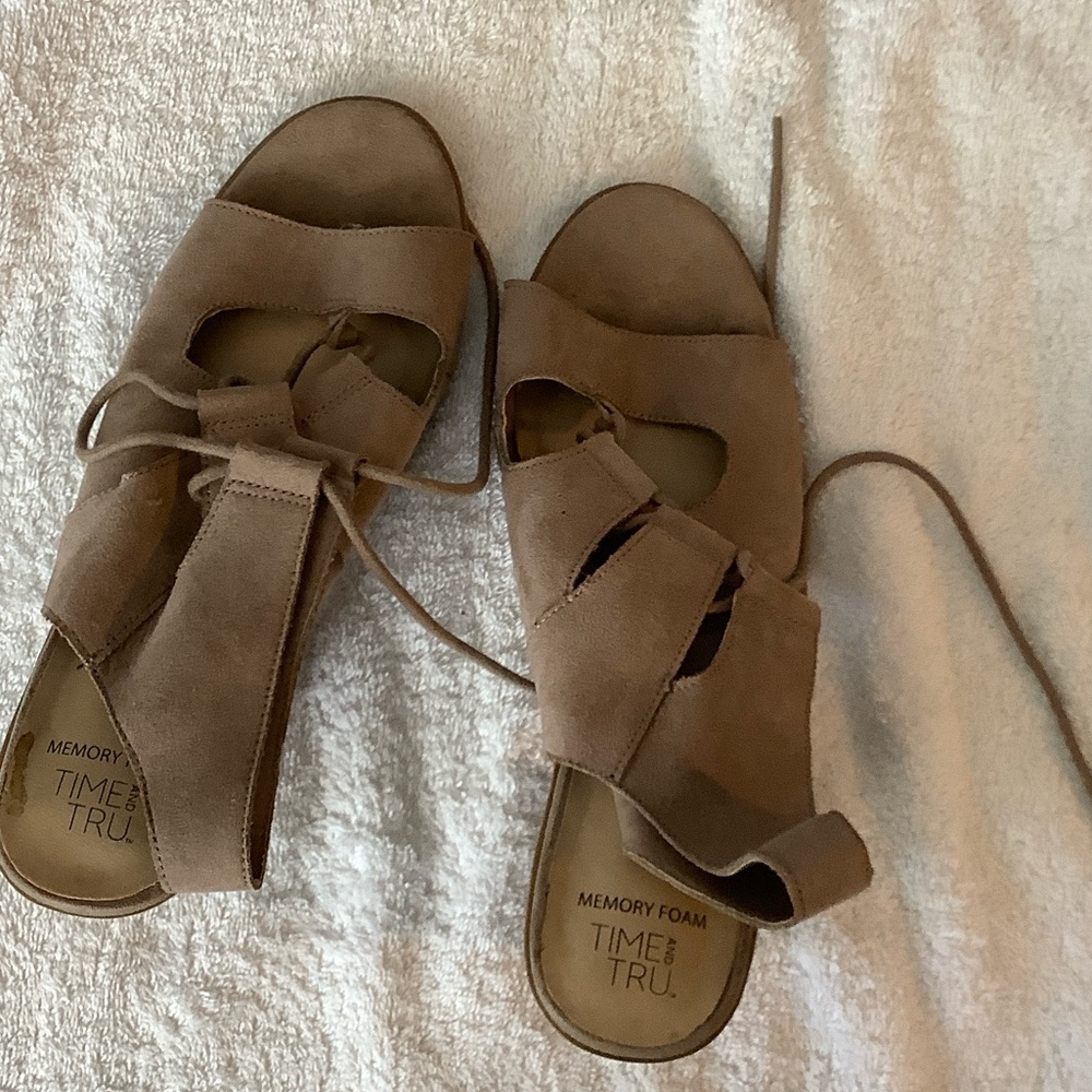 Time and Tru Suede Open-Toe Mules in Taupe